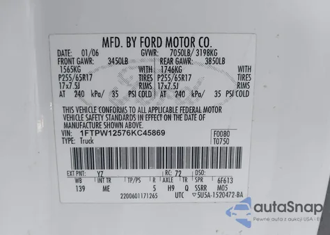 2006 Ford F-150 Lariat/Xlt z USA, uszkodzony, nr VIN 1FTPW12576KC45869